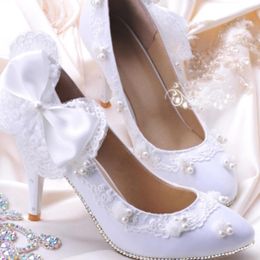 Dress Shoes Fashion Woman Bridal Lady Bowtie Party Prom High Heel Eveningclub White Rhinestone Wedding