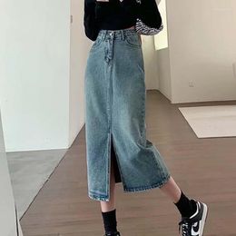 Skirts Fashion Casual Denim Skirt Vintage Blue High Waist Slit Women's Slits Show Thin Mid-length Hip Bag Female