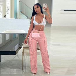 Women's Pants Women PU Leather Cargo Solid Pink Multi Pockets Loose Casual Street Trousers Faux Fashion All Matching Bottoms