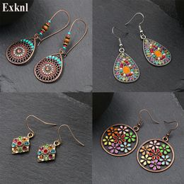 Hoop Huggie Exknl Fashion Vintage Drop Earrings For Women Alloy Crystal Ethnic Beads Boho Flower Colorful Dangle Jewelry 230912