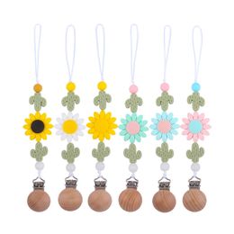 Baby Pacifier Holders Cactus Sunflower Chain Wooden Dummy Clips Nipple Teether Chains Infant Feeding Accessories