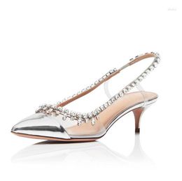 Dress Shoes Bling PVC Diamond Strap Wedding Pumps Kitten Heel Glitter Crystal Banquet Silver Leather Clear Back Patchwork Heels