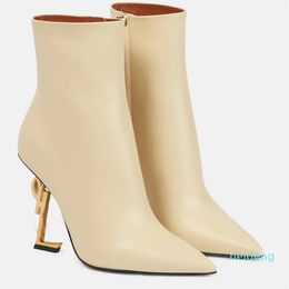 Winter Luxury Luxury Ankle Boots Womrn Black Beige Calf Leather Pointed Toe Martin Booties Lady High Heel Party Dress Boot EU35-43