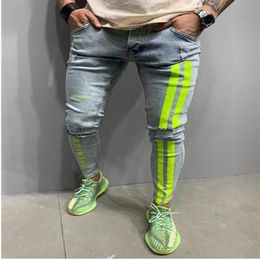 Jeans Men Skinny Striped Zipper Denim Hole Wash Vintage Hip Hop Work Trousers Slim Printed jeans European Big Size men clothing222Y