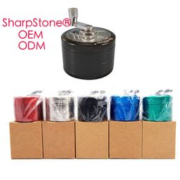 Wholesale Colorful Sharpstone tobacco grinder 50mm 4 layers Zicn alloy hand crank metal grinders for herbs herbal for smoking water pipe