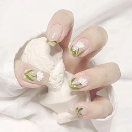 False Nails Fake Green Icy Flower Manicure Removable Wearable Products Reusable Adhesive Nail Supplies Glue Press Things
