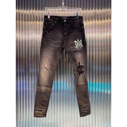 amirs men jeans amirs 2022 new wash water old black letter print knee hole Slim Fit Jeans Men's fashion Hip Hop273p