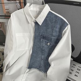 Men's Casual Shirts Trendy Brand Denim Patchwork Long Sleeved Male High Street Couple Loose White Ropa Clothing For Men