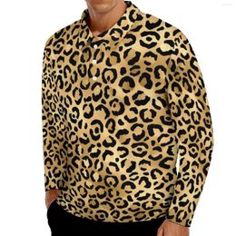 Men's Polos Black Gold Leopard Print Casual T-Shirts Mens Cheetah Animal Long Sleeve Polo Shirt Collar Novelty Daily Graphic Big Size