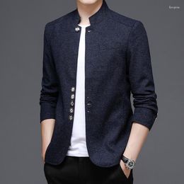Men's Suits Solid Color Stand Collar Suit Chinese Style Slim Fit Blazer Male ZhongShan Jacket Tunic Men Coat