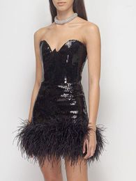 Casual Dresses BEVENCCEL 2023 Summer Women's Black Fashion Sequin Feather Strapless Sexy Mini Tight Dress Elegant Celebrity Party