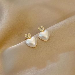 Stud Earrings Trendy Exquisite 14k Real Gold Plating Peach Heart Pearl For Women Girl Jewellery Zircon S925 Silver Needle Gift