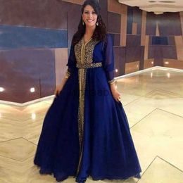 Street Style Dresses Blue Arabic Beaded Evening Dresses V Neck Sequined Long Sleeves Prom Gowns Floor Length A Line Chiffon Kaftan Formal Dress HKD230912