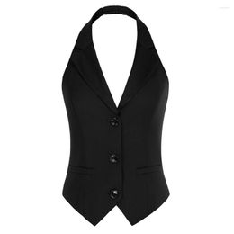 Women's Vests BP Women Vintage Contrast Colour Vest Notch Lapel Halterneck Waistcoat Button Down Suit With Pockets