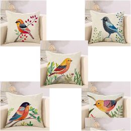 Cushion/Decorative Pillow Hand Painting Birds Cushions Ers Pillowcase Bird Tree Cushion Er Sofa Couch Throw Decorative Linen Cotton Ca Dhexz