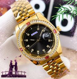 Couple Men Women Colorful Diamonds Ring Watch Hip Hop Iced Out Stainless Steel Belt Clock Quartz Movement Lovers Business Casual Chain Wristwatch Bracelet Gifts