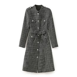 2023 Summer Gray Plaid Dress Long Sleeve Round Neck Buttons Midi Casual Dresses S3S08W09081113