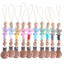 Cartoon Wooden Baby Pacifier Clip Chain Silicone Teething Beads Bear Toys Teether Dummy Holder Infant Nipple Clips