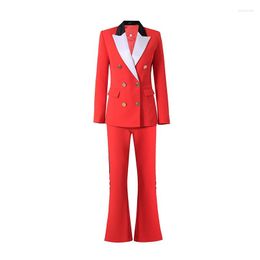 Women's Two Piece Pants Colour Block Collar Long Sleeve Double Breasted Top Micro Flare Set Office Wear 2-Pieces Red Autumn Winter