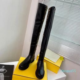 2023-sock-style flats tall boots stretch fabric black leather over-knee- high boot for women luxury designer shoes factory footwea