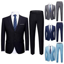 Men's Suits 1 Set Men Blazer Pants Solid Colour Turndown Collar Suit Coat Trousers Slim Fit Long Sleeve Two Buttons Formal For Wedding