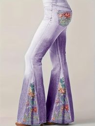 Women's Pants Plus Size Casual Trousers Denim Print Slight Stretch Contrast Floral Panel Flare