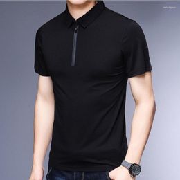 Men's Polos Male Polo Shirt 2023 Summer Slim Plain Colour Fashion Brands Design Cotton Zip Up Collar Short Sleeve