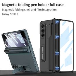 Luxury Magnetic Hinge Vogue Phone Case for Samsung Galaxy Z Folding Fold5 5G Durable Business Invisible Bracket Membrane Kickstand Fold Shell with Pen Slot Holder