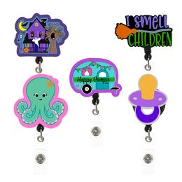 10PCS/LOT Halloween Holiday Acrylic Badge Reel Ghost Octopus Paciffer Shape Badge Holder Reel for Student Doctor Nurse Hospital Office Supplier