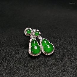 Stud Earrings Elegant S925 Sterling Silver Diamond-encrusted Natural Green Jade Chalcedony Gourd Ladies