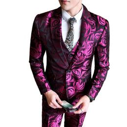 Jacket Vest Pants Suit 3 Piece Set Nightclub Banquet Floral Rose Print Slim Fashion Urban Blazers Coat Boutique S-5XL Men's S244Z