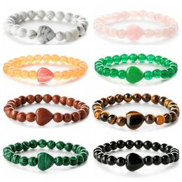 Agate Tiger Eye Natural Stone Bracelet Love Heart Shape Beaded Bracelets Bangle Cuff Wristband Women Jewelry Gift