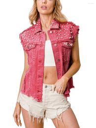 Women's Vests Womens Gilets Beading Pearls Sleeveless Denim Vest Jean Jacket Coat Cropped Waistcoat Streetwear