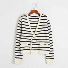 908 2023 Autumn Women Sweater Long Sleeve V Neck White Cardigan Brand Same Style Striped White Womens MINGMO