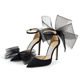 Fashion Women Sandals Pumps AVERLY 100 mm Italy Trendy Pointed Toe Asymmetric Grosgrain Black Mesh Fascinator Bows Designer Summer Banquet Sandal High Heels EU 35-43