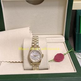 Real Po With Box Women Watches Ladies 26mm 18kt Yellow Gold Silver Dial Diamond Bezel Bracelet Asia Mechanical Lady Automatic W267F