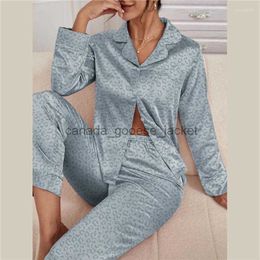 Women's Sleep Lounge Women's Sleepwear Women Satin Pyjamas Silk Leopard Printing Lapel Button Shirt With Trousers Pyjama Set Nightwear Pyjama Pijama MujerL230913