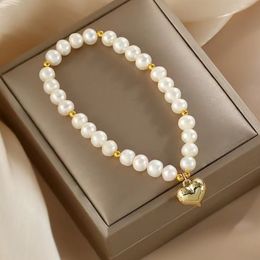 Natural Pearl Bracelet Women Elegant Sweet Gold Love Heart Charm Beaded Bracelets Women Girls Fashion Jewelry