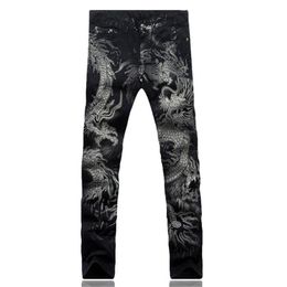 Men's Jeans Men Pants Slim Fit Fashion Dragon Print Male Coloured Drawing Painted Denim Elastic Black Cargo293E