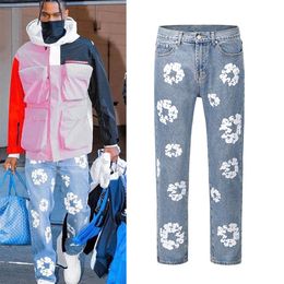 Flower Full Print Jeans Pants Oversized Streetwear Straight Casual Men and Women Denim Trousers202h