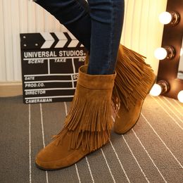 Faux Suede Brown Red Mid-calf Western Women Boots With Fringes Tassels Cowboy Winter Shoes Big Size 34-43