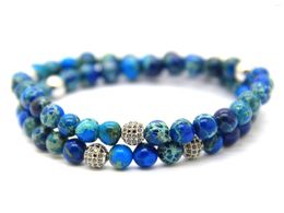 Strand Ailatu 10 Pieces Two Circles Stone Bracelets 6mm Blue & Green Sea Sediment Matte Onyx Beads Micro Pave CZ Jewelry