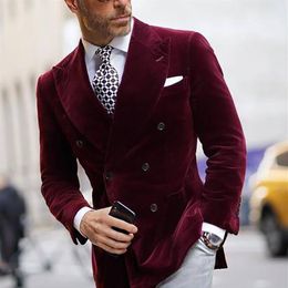 Men's Suits & Blazers Burgundy Velvet Groom Wear Slim Fit Double Breasted Peaked Lapel Mens Business Formal Prom Tuxedos Man 169Z