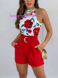 Women's Two Piece Pants hirigin Summer Round Neck Sexy Tank Top and Tropical Print Shorts Set With Belt Two Piece Suit Sleeveless Tops Party Wear Sets 230612