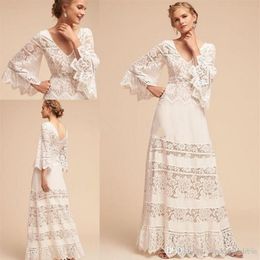 Elegant White A-Line Lace Wedding Dresses 2020 Bell Sleeve Plus Size V-neck BHLDN Full length Lace Chiffon Bohemian Wedding Bridal204P