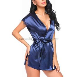 Women's Sleep Lounge Satin Silk Robes Pajamas Women Lace Sleepwear Solid Short Sleeves Bathrobe Ladies Home Service Set Kimono Casual Soft NightwearL230913