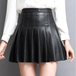 Skirts Real Leather Skirt Women 2023 Autumn Winter Short Pleated Korean-Style Slim Fit High Waist Ruffled Black