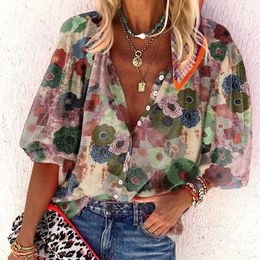 Women's Blouses 2023 Shirt Top Summer Autumn Fashion Print Loose Long Sleeve Single Breasted V-neck Turn-down Collar