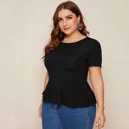 Women's Plus Size TShirt Ruffle Hem Elegant Summer Casual Top Women Short Sleeve Keyhole Back Solid Black Blouse Female Large Tshirt Tee 230912