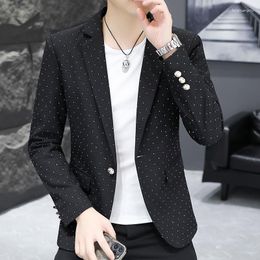 Men's Suits Korean Style Men Casual Blazer Jackets Plaid Dots Single Button Innter Pocket Slim Fit Suit Coat Male Fashion Handsome Clothing